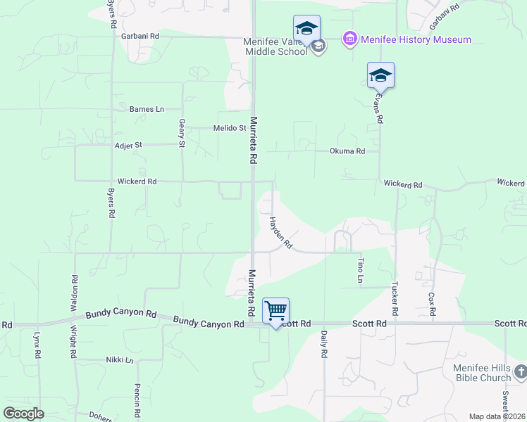 map of restaurants, bars, coffee shops, grocery stores, and more near 32533 Hayden Road in Menifee