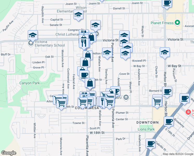 map of restaurants, bars, coffee shops, grocery stores, and more near 758 West 20th Street in Costa Mesa