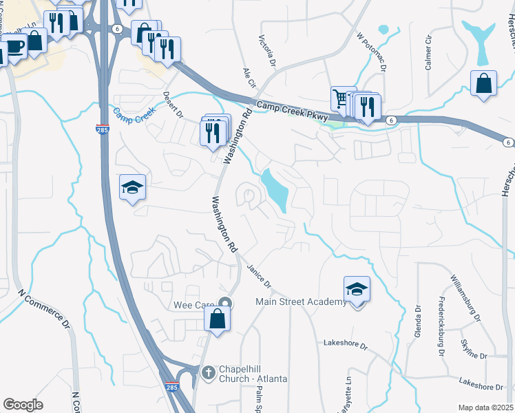 map of restaurants, bars, coffee shops, grocery stores, and more near Lakeview Place in East Point
