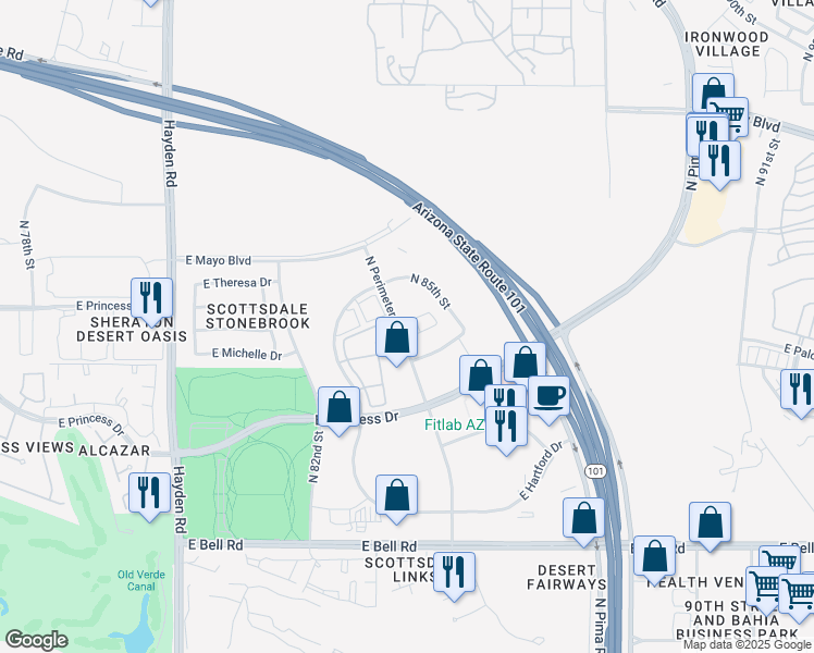 map of restaurants, bars, coffee shops, grocery stores, and more near 17777 North Perimeter Drive in Scottsdale