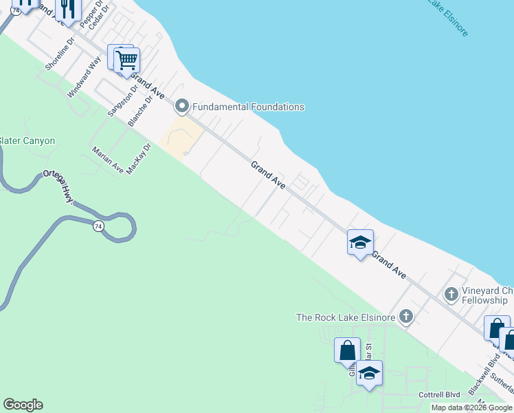 map of restaurants, bars, coffee shops, grocery stores, and more near 33070 Magnolia Street in Lake Elsinore