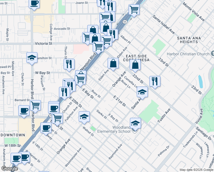 map of restaurants, bars, coffee shops, grocery stores, and more near 184 East 21st Street in Costa Mesa
