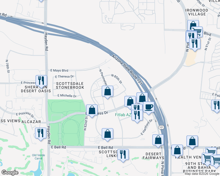 map of restaurants, bars, coffee shops, grocery stores, and more near 17800 N 85th St in Scottsdale