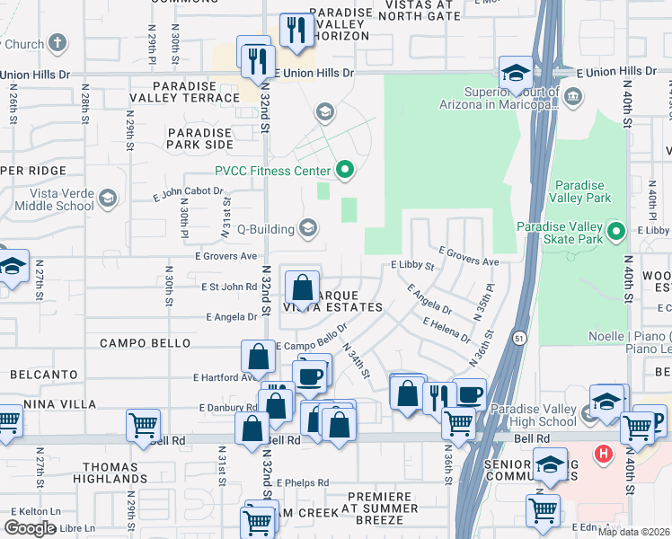 map of restaurants, bars, coffee shops, grocery stores, and more near 17629 North 33rd Place in Phoenix