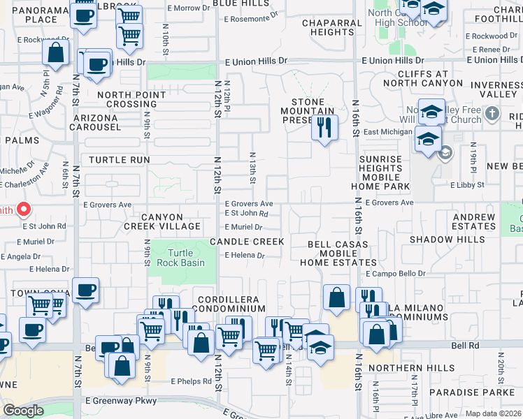 map of restaurants, bars, coffee shops, grocery stores, and more near 17805 North 13th Street in Phoenix
