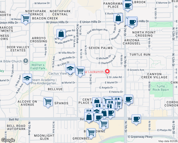 map of restaurants, bars, coffee shops, grocery stores, and more near 17823 North 1st Place in Phoenix