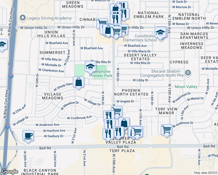 map of restaurants, bars, coffee shops, grocery stores, and more near 17821 North 19th Drive in Phoenix