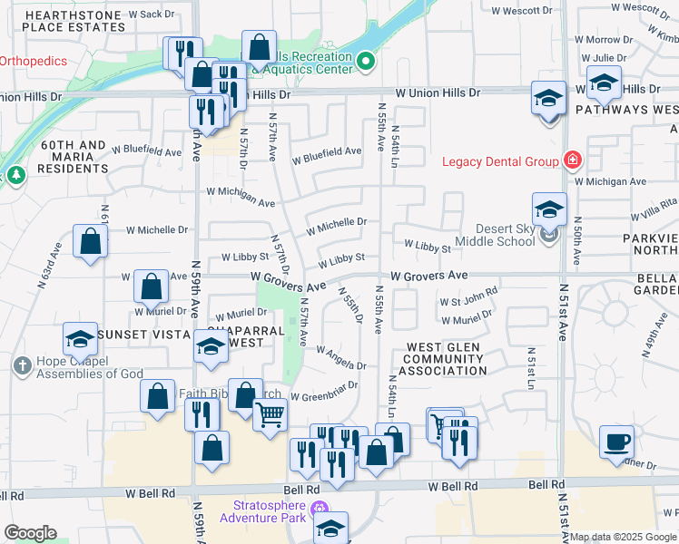 map of restaurants, bars, coffee shops, grocery stores, and more near 5526 West Libby Street in Glendale