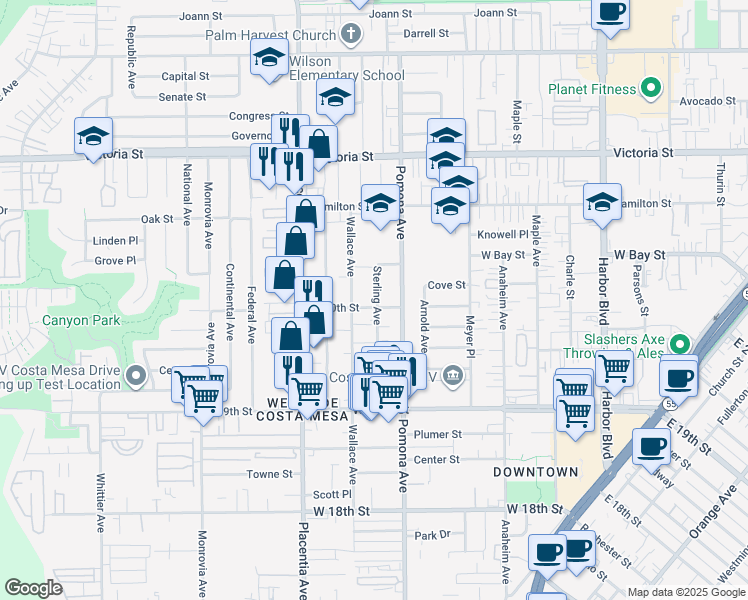 map of restaurants, bars, coffee shops, grocery stores, and more near 2025 Pomona Avenue in Costa Mesa