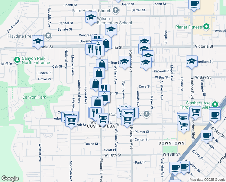 map of restaurants, bars, coffee shops, grocery stores, and more near 2025 Wallace Avenue in Costa Mesa