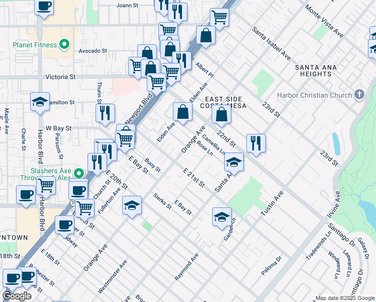 map of restaurants, bars, coffee shops, grocery stores, and more near 2132 Orange Avenue in Costa Mesa