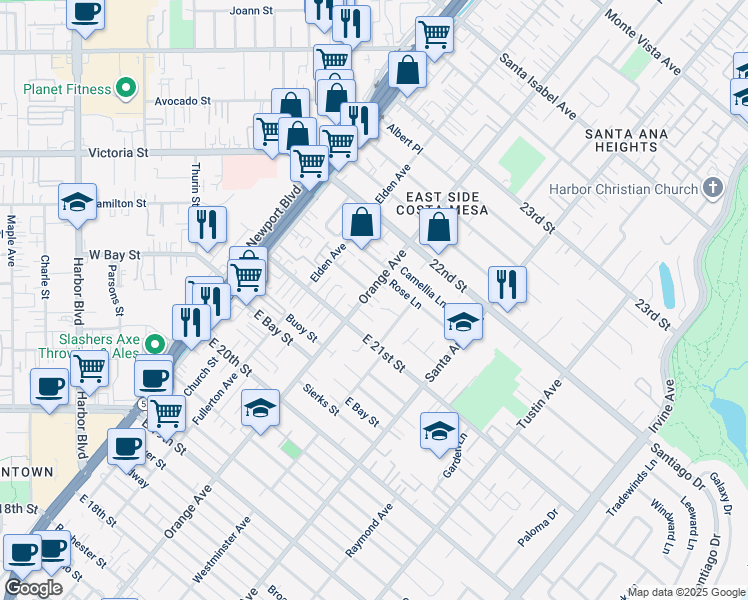 map of restaurants, bars, coffee shops, grocery stores, and more near 2134 Orange Avenue in Costa Mesa