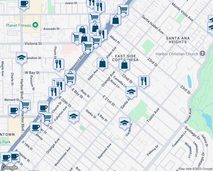 map of restaurants, bars, coffee shops, grocery stores, and more near 2134 Orange Avenue in Costa Mesa