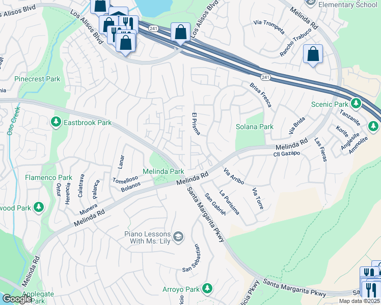 map of restaurants, bars, coffee shops, grocery stores, and more near Camino Del Oro in Rancho Santa Margarita