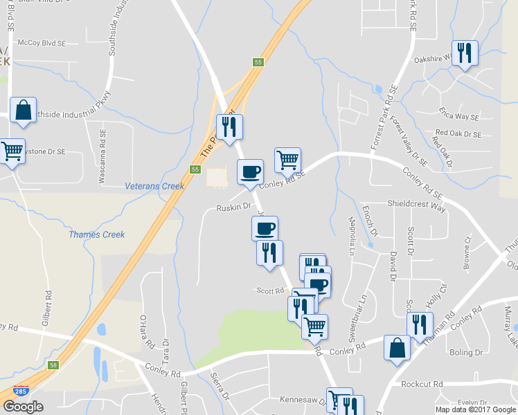 map of restaurants, bars, coffee shops, grocery stores, and more near 3907 Jonesboro Rd in Forest Park