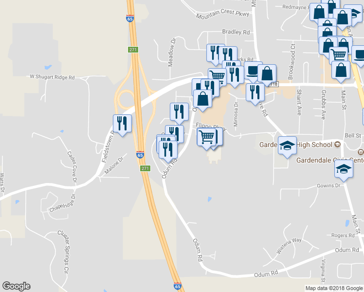 map of restaurants, bars, coffee shops, grocery stores, and more near 889 Odum Road in Gardendale
