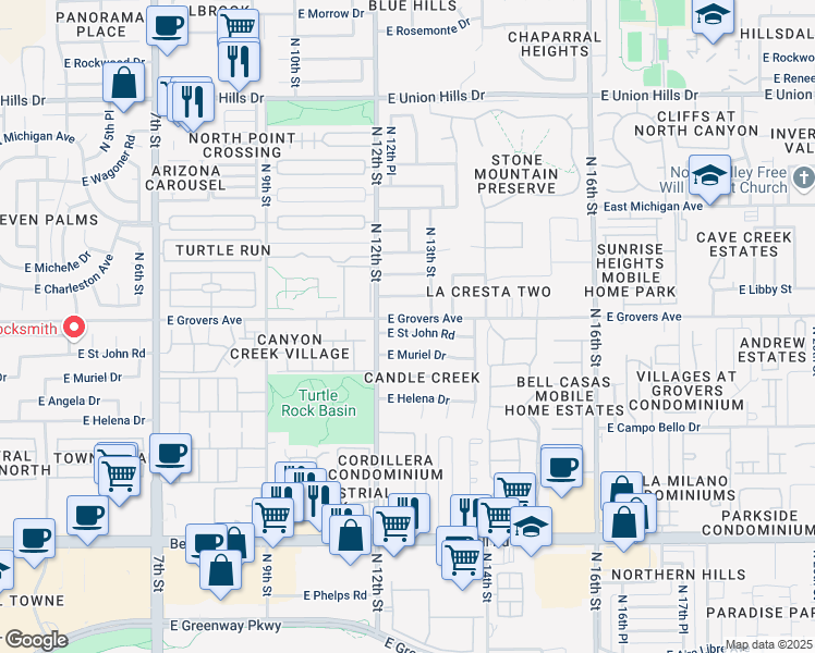 map of restaurants, bars, coffee shops, grocery stores, and more near 1219 East Libby Street in Phoenix