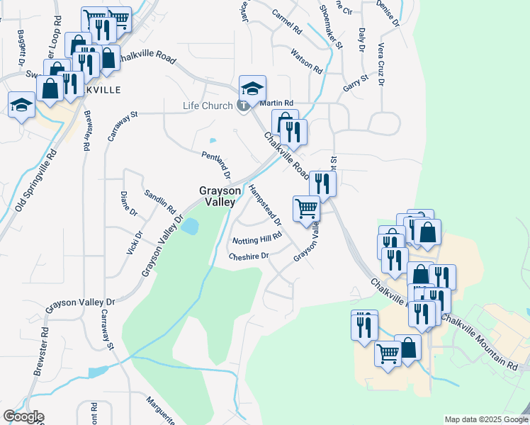 map of restaurants, bars, coffee shops, grocery stores, and more near 2455 Hampstead Drive in Birmingham