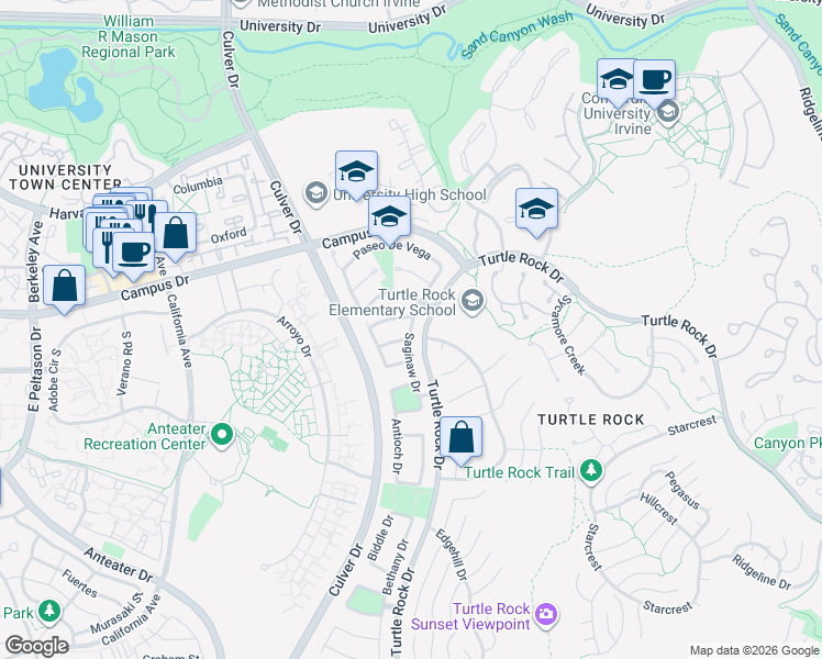 map of restaurants, bars, coffee shops, grocery stores, and more near 18816 Saginaw Drive in Irvine