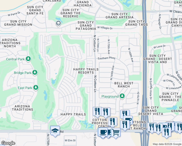 map of restaurants, bars, coffee shops, grocery stores, and more near 17200 West Bell Road in Surprise