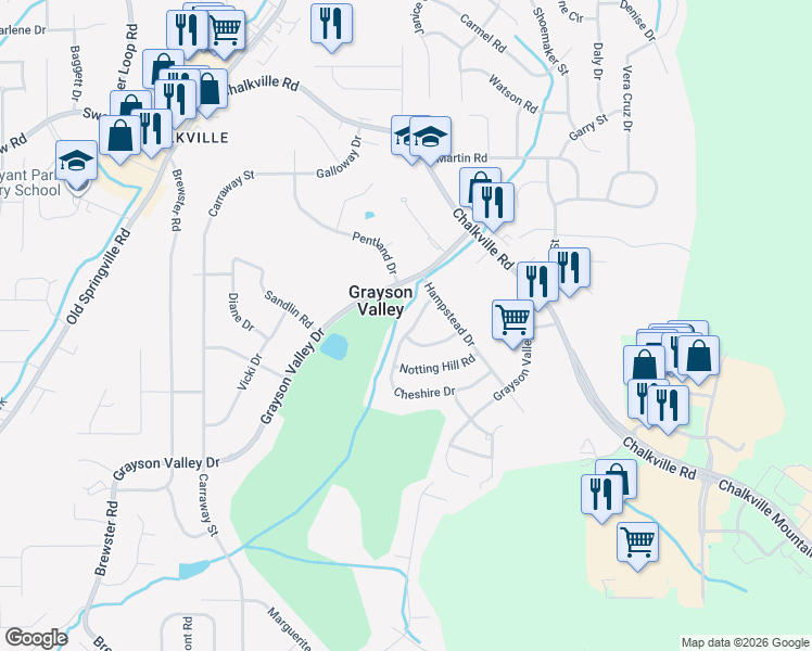 map of restaurants, bars, coffee shops, grocery stores, and more near 2109 Grayson Valley Drive in Birmingham