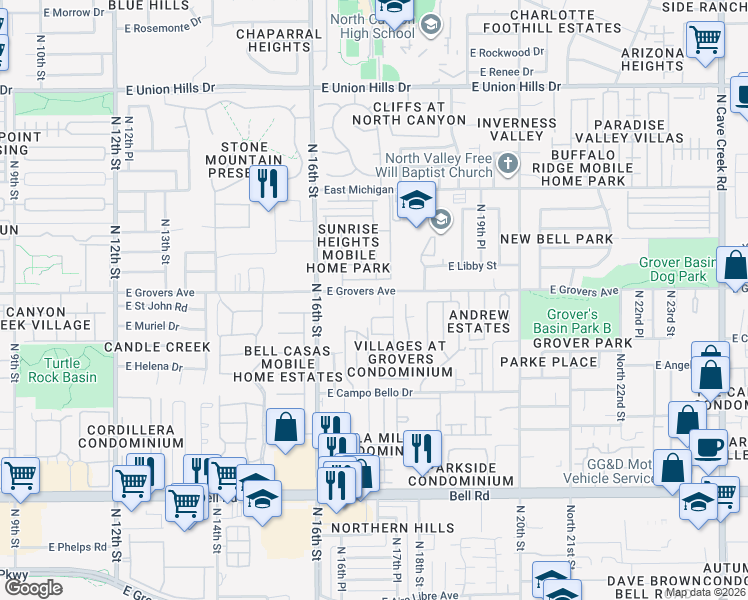 map of restaurants, bars, coffee shops, grocery stores, and more near 1721 East Libby Street in Phoenix