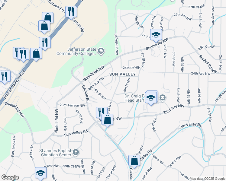 map of restaurants, bars, coffee shops, grocery stores, and more near 2364 7th Street Northwest in Center Point