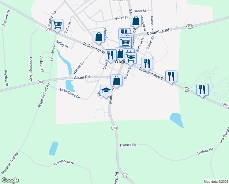 map of restaurants, bars, coffee shops, grocery stores, and more near Earle Street in Wagener