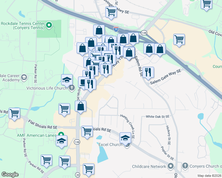 map of restaurants, bars, coffee shops, grocery stores, and more near 1125 Northlake Drive in Conyers