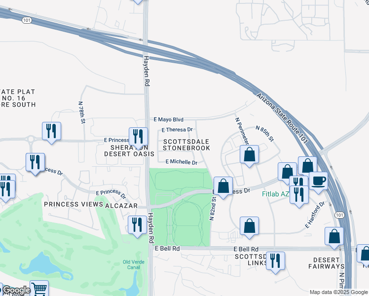 map of restaurants, bars, coffee shops, grocery stores, and more near 8160 East Maria Way in Scottsdale