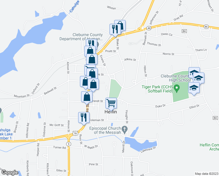 map of restaurants, bars, coffee shops, grocery stores, and more near Evans Street in Heflin