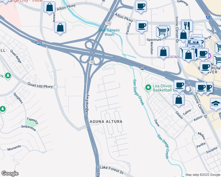 map of restaurants, bars, coffee shops, grocery stores, and more near 107 Bianco in Irvine