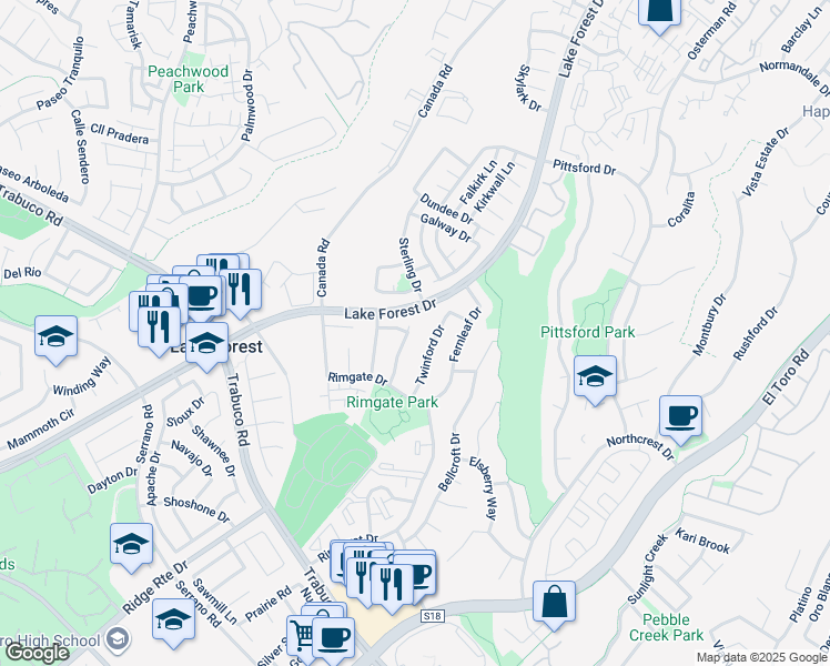 map of restaurants, bars, coffee shops, grocery stores, and more near 21702 Regal Way in Lake Forest