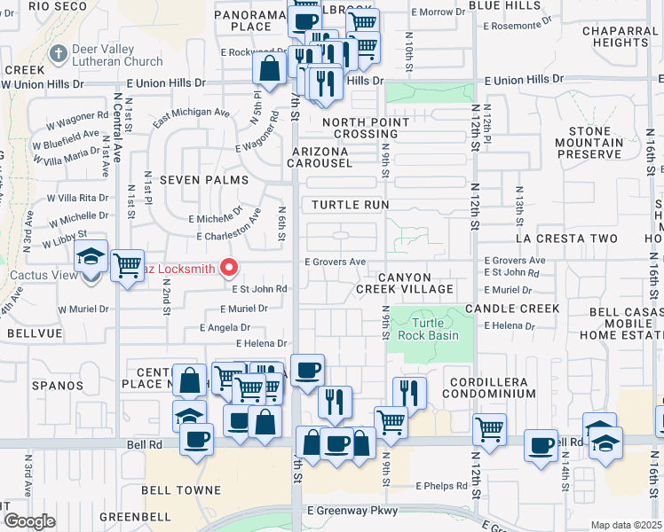 map of restaurants, bars, coffee shops, grocery stores, and more near 1150 East Grovers Avenue in Phoenix