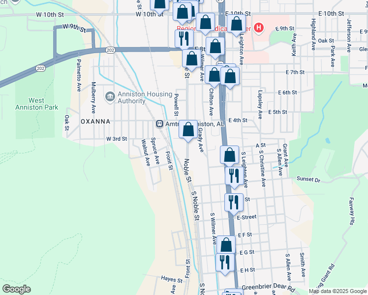 map of restaurants, bars, coffee shops, grocery stores, and more near 2 West 3rd Street in Anniston