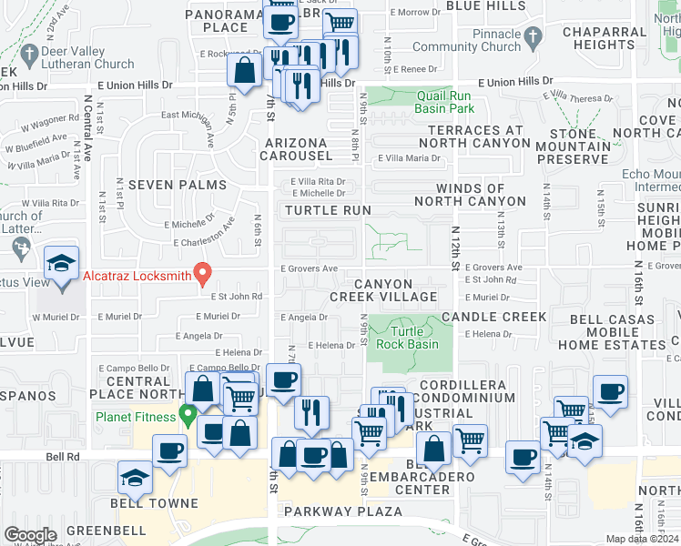 map of restaurants, bars, coffee shops, grocery stores, and more near 815 East Grovers Avenue in Phoenix
