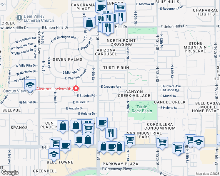 map of restaurants, bars, coffee shops, grocery stores, and more near 1150 East Grovers Avenue in Phoenix