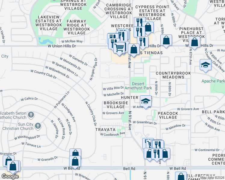 map of restaurants, bars, coffee shops, grocery stores, and more near 9173 West John Cabot Road in Peoria