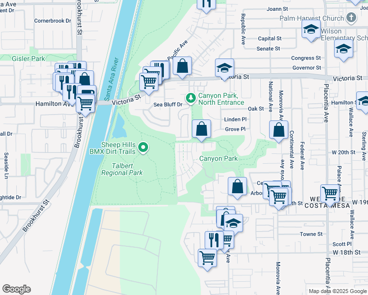 map of restaurants, bars, coffee shops, grocery stores, and more near 1095 Sea Terrace Lane in Costa Mesa