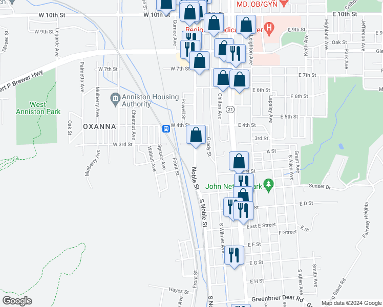 map of restaurants, bars, coffee shops, grocery stores, and more near 2 West 3rd Street in Anniston