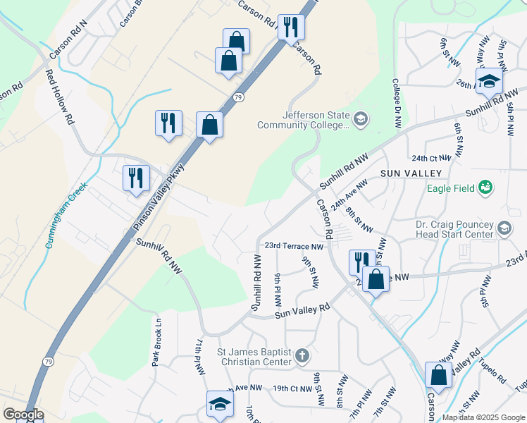 map of restaurants, bars, coffee shops, grocery stores, and more near 1048 Sunhill Road Northwest in Center Point