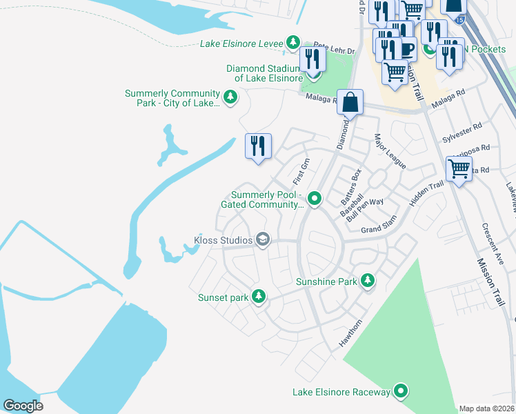 map of restaurants, bars, coffee shops, grocery stores, and more near 29321 Royal Aberdeen in Lake Elsinore