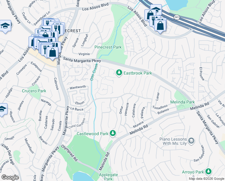 map of restaurants, bars, coffee shops, grocery stores, and more near 21722 Fairbrook in Mission Viejo