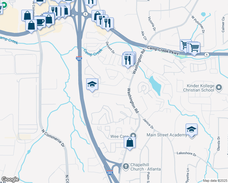 map of restaurants, bars, coffee shops, grocery stores, and more near 5643 Laurel Ridge Drive in East Point