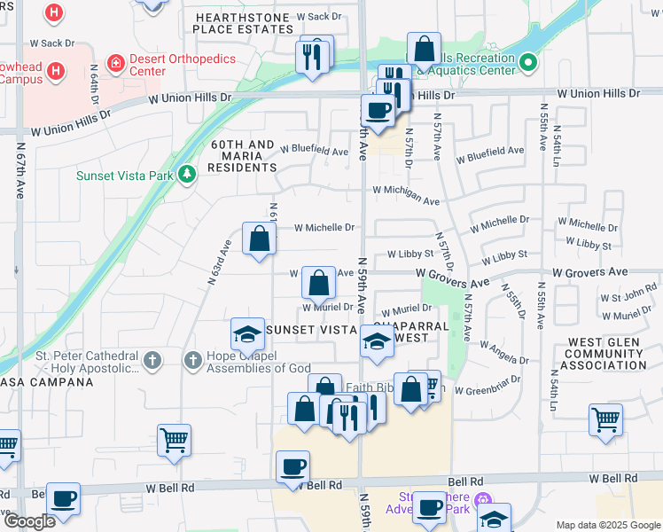 map of restaurants, bars, coffee shops, grocery stores, and more near 5934 West Grovers Avenue in Glendale