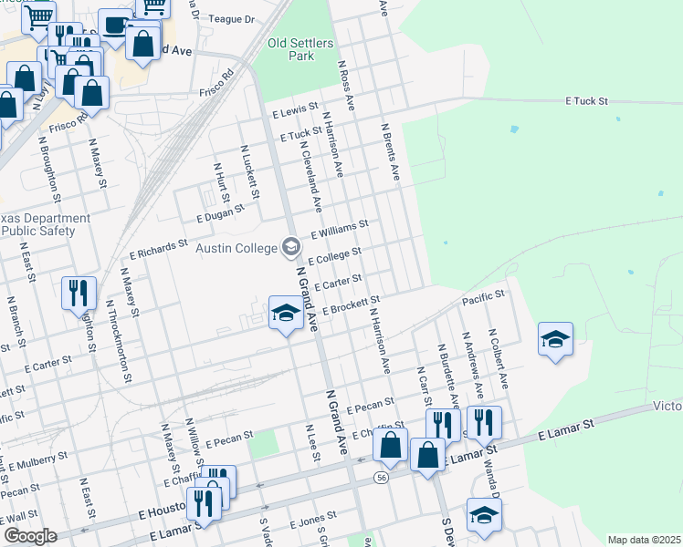 map of restaurants, bars, coffee shops, grocery stores, and more near 814 North Harrison Avenue in Sherman