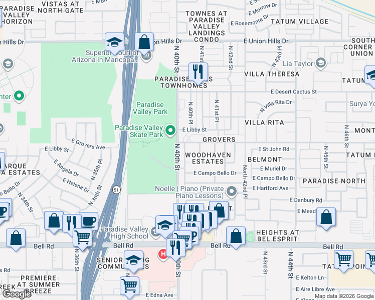 map of restaurants, bars, coffee shops, grocery stores, and more near in Phoenix