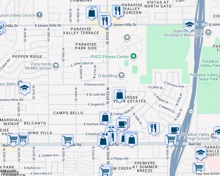 map of restaurants, bars, coffee shops, grocery stores, and more near 3214 East Libby Street in Phoenix