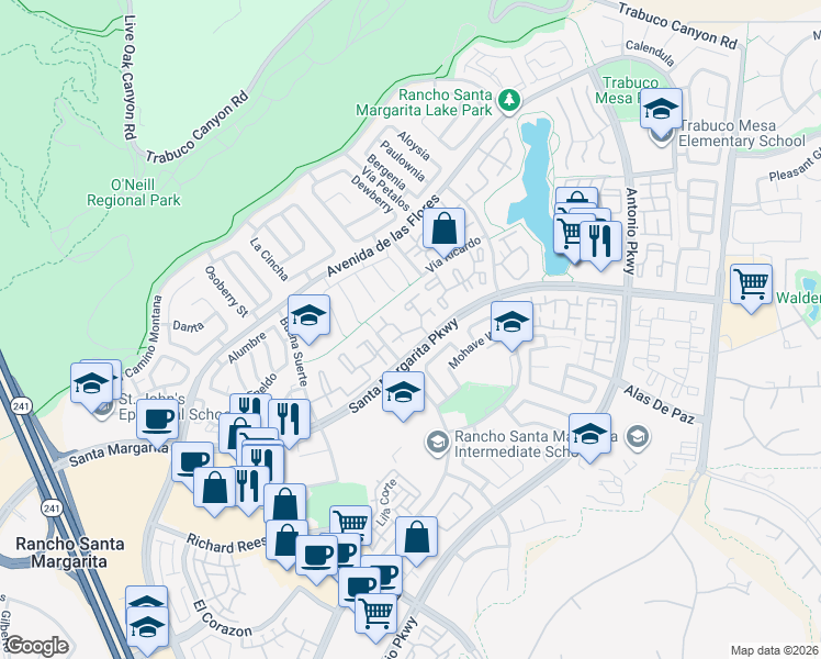 map of restaurants, bars, coffee shops, grocery stores, and more near 19 Gavilan in Rancho Santa Margarita