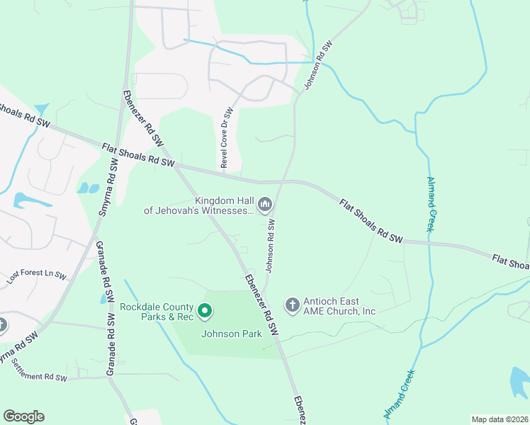 map of restaurants, bars, coffee shops, grocery stores, and more near 1601 Johnson Road Southwest in Conyers